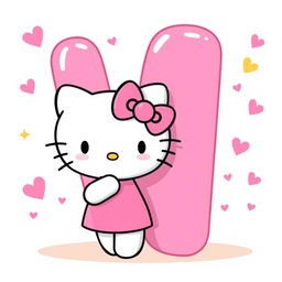 An adorable illustration of Hello Kitty standing next to a big pink letter 'V'
