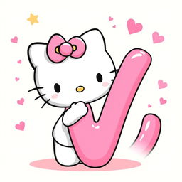 An adorable illustration of Hello Kitty standing next to a big pink letter 'V'
