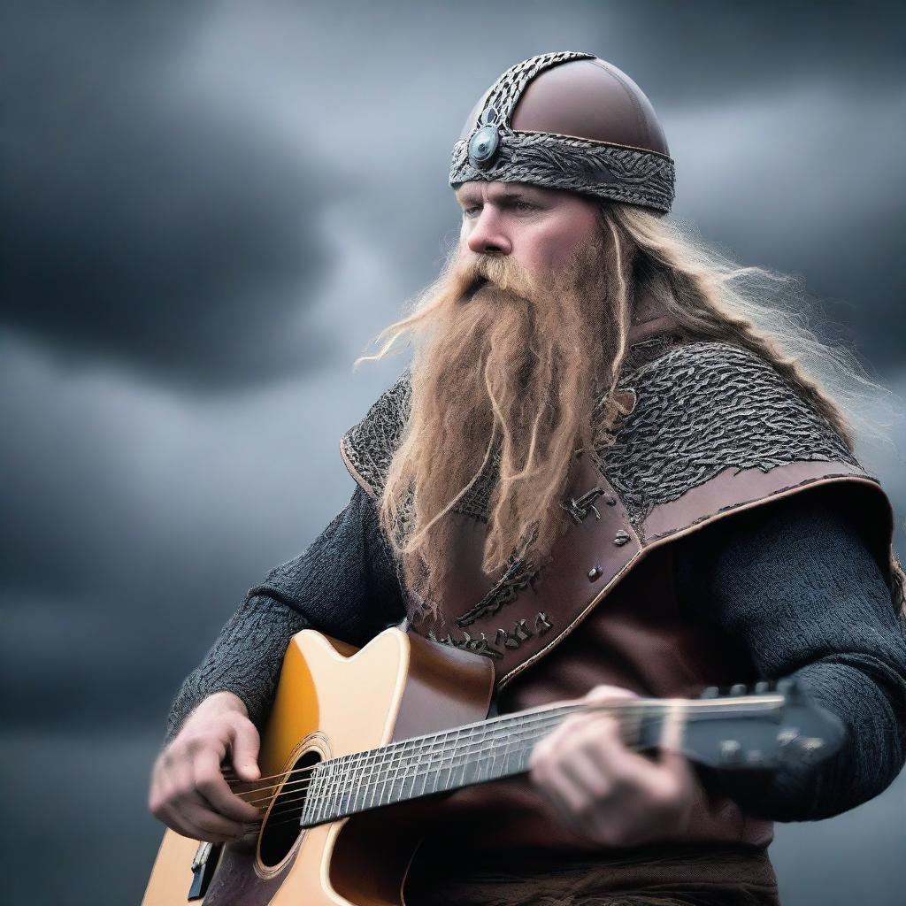 A fearsome Viking, his beard braided and helmet adorned, plays powerful djent chugs on a complex 8-string guitar under a stormy Nordic sky