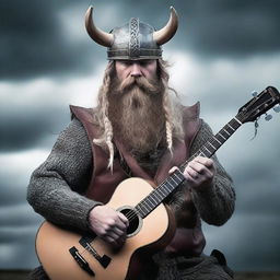 A fearsome Viking, his beard braided and helmet adorned, plays powerful djent chugs on a complex 8-string guitar under a stormy Nordic sky