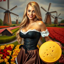 A seductive Dutch girl confidently holding a large wheel of cheese, showcasing her curvaceous figure and ample bosom