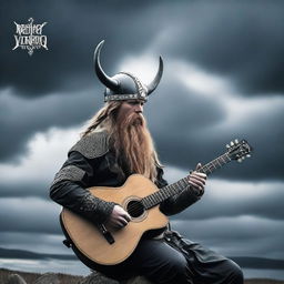 A fearsome Viking, his beard braided and helmet adorned, plays powerful djent chugs on a complex 8-string guitar under a stormy Nordic sky