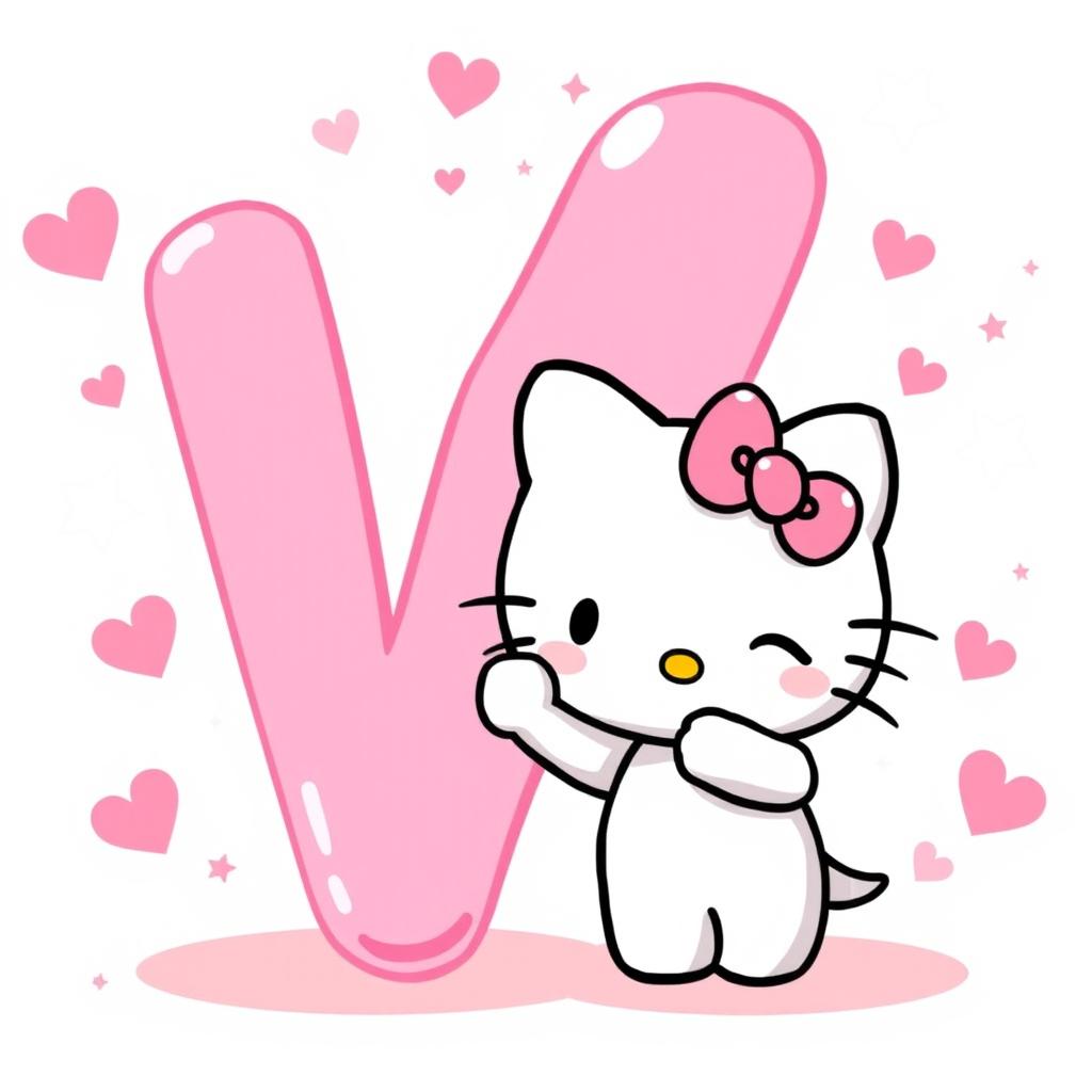 A charming illustration of Hello Kitty winking happily next to a big pink letter 'V'