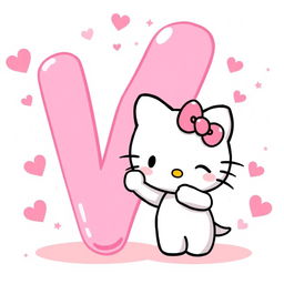 A charming illustration of Hello Kitty winking happily next to a big pink letter 'V'