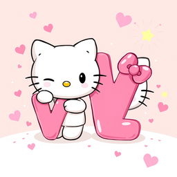 A charming illustration of Hello Kitty winking happily next to a big pink letter 'V'
