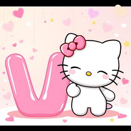 A charming illustration of Hello Kitty winking happily next to a big pink letter 'V'