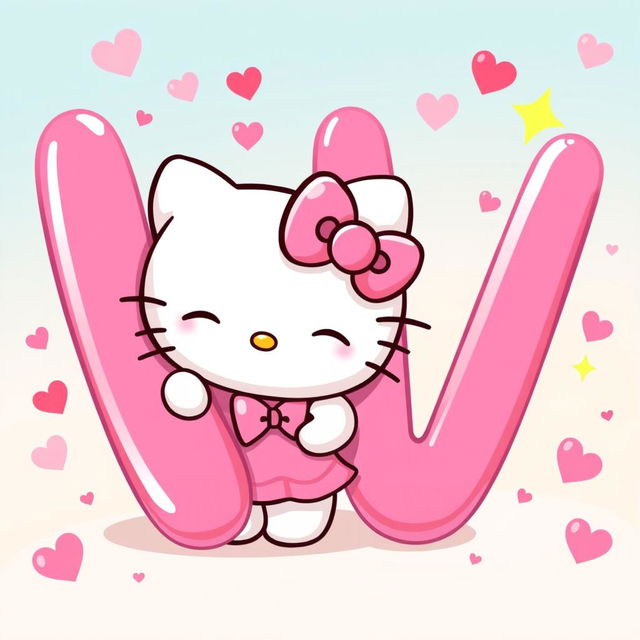 A charming illustration of Hello Kitty winking happily next to a big pink letter 'V'