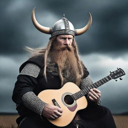 A fearsome Viking, his beard braided and helmet adorned, plays powerful djent chugs on a complex 8-string guitar under a stormy Nordic sky