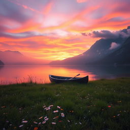 A serene landscape at sunset, showcasing a tranquil lake reflecting the vibrant hues of orange, pink, and purple skies