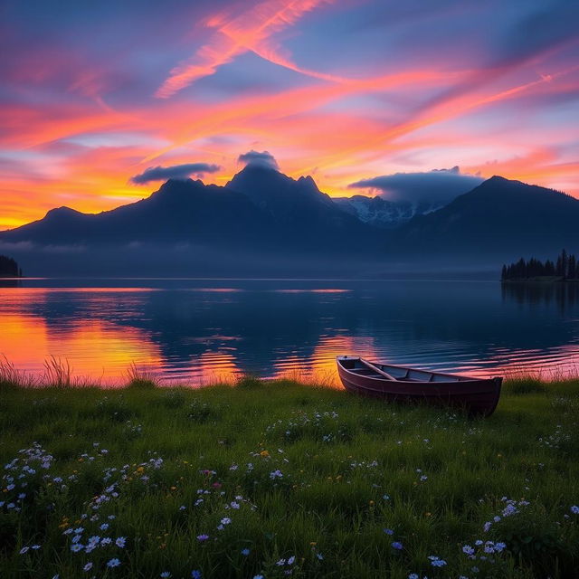 A serene landscape at sunset, showcasing a tranquil lake reflecting the vibrant hues of orange, pink, and purple skies