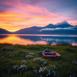 A serene landscape at sunset, showcasing a tranquil lake reflecting the vibrant hues of orange, pink, and purple skies