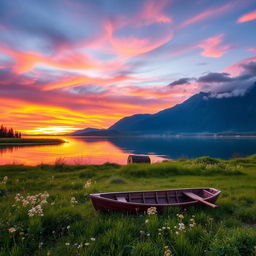 A serene landscape at sunset, showcasing a tranquil lake reflecting the vibrant hues of orange, pink, and purple skies
