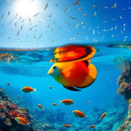 A serene underwater scene featuring vibrant tropical fish swimming among colorful coral reefs, with a bright blue sky visible through the water's surface