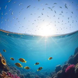 A serene underwater scene featuring vibrant tropical fish swimming among colorful coral reefs, with a bright blue sky visible through the water's surface