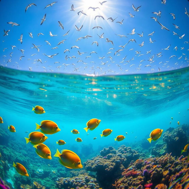 A serene underwater scene featuring vibrant tropical fish swimming among colorful coral reefs, with a bright blue sky visible through the water's surface