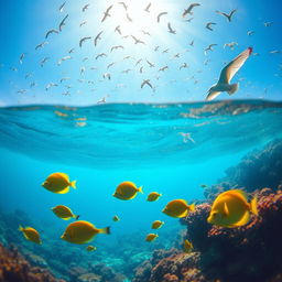 A serene underwater scene featuring vibrant tropical fish swimming among colorful coral reefs, with a bright blue sky visible through the water's surface