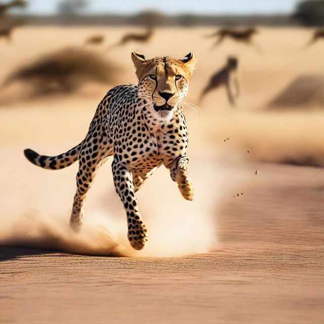 A thrilling image capturing a human in full sprint, outpacing a cheetah, symbolizing human tenacity and potential.