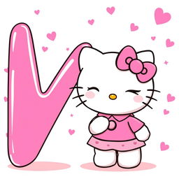 A cheerful illustration of Hello Kitty dressed in a cute pink outfit, winking playfully next to a big pink letter 'V'