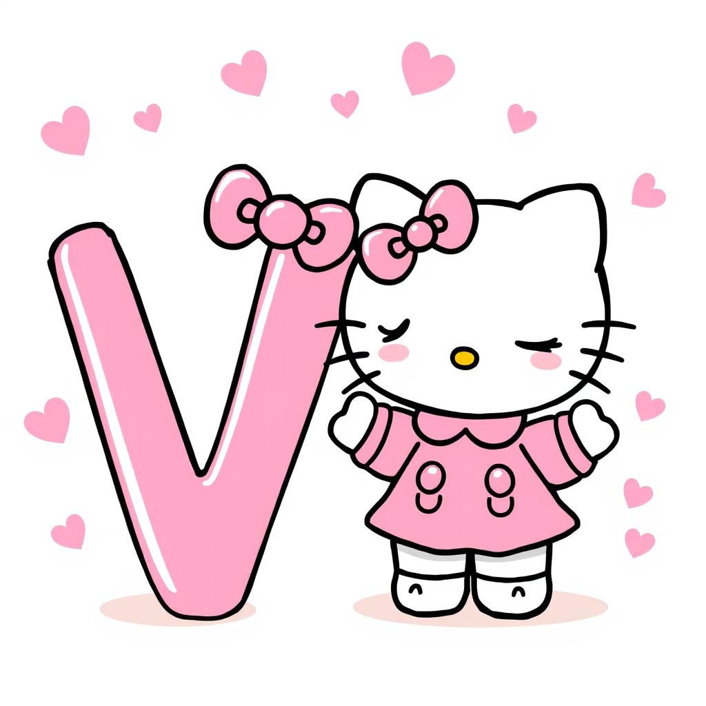 A cheerful illustration of Hello Kitty dressed in a cute pink outfit, winking playfully next to a big pink letter 'V'