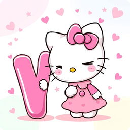 A cheerful illustration of Hello Kitty dressed in a cute pink outfit, winking playfully next to a big pink letter 'V'