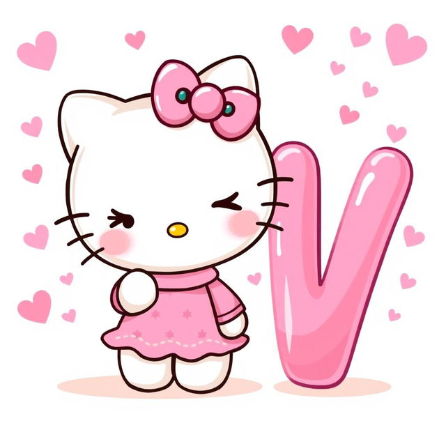 A cheerful illustration of Hello Kitty dressed in a cute pink outfit, winking playfully next to a big pink letter 'V'