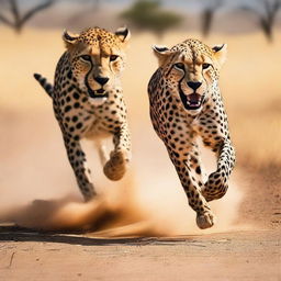 A thrilling image capturing a human in full sprint, outpacing a cheetah, symbolizing human tenacity and potential.