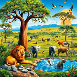 A vibrant and lively scene depicting a diverse array of animals in their natural habitats
