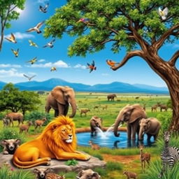 A vibrant and lively scene depicting a diverse array of animals in their natural habitats