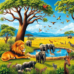 A vibrant and lively scene depicting a diverse array of animals in their natural habitats