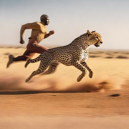 A thrilling image capturing a human in full sprint, outpacing a cheetah, symbolizing human tenacity and potential.