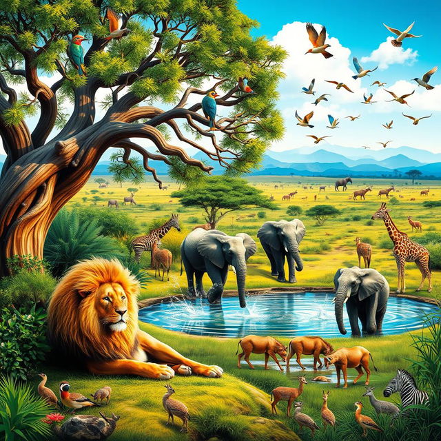 A vibrant and lively scene depicting a diverse array of animals in their natural habitats