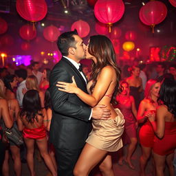 A lively swinger party scene, featuring a man in a stylish suit passionately kissing a woman face to face