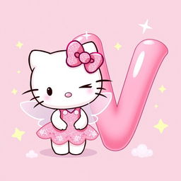 A delightful illustration of Hello Kitty dressed as a fairy, winking playfully next to a big pink letter 'V'