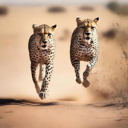 A thrilling image capturing a human in full sprint, outpacing a cheetah, symbolizing human tenacity and potential.