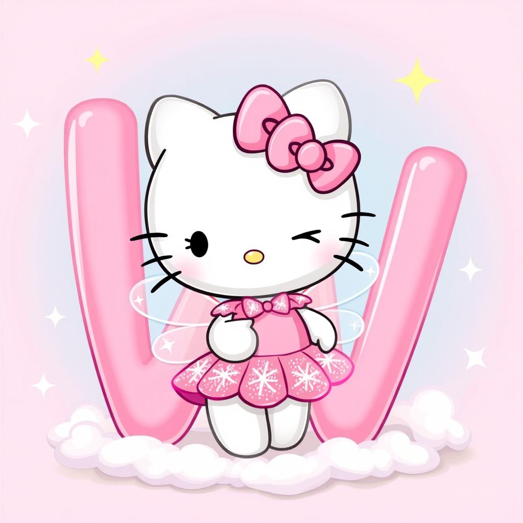 A delightful illustration of Hello Kitty dressed as a fairy, winking playfully next to a big pink letter 'V'