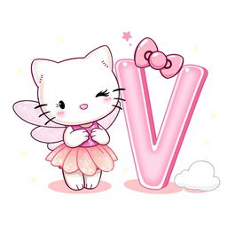 A delightful illustration of Hello Kitty dressed as a fairy, winking playfully next to a big pink letter 'V'