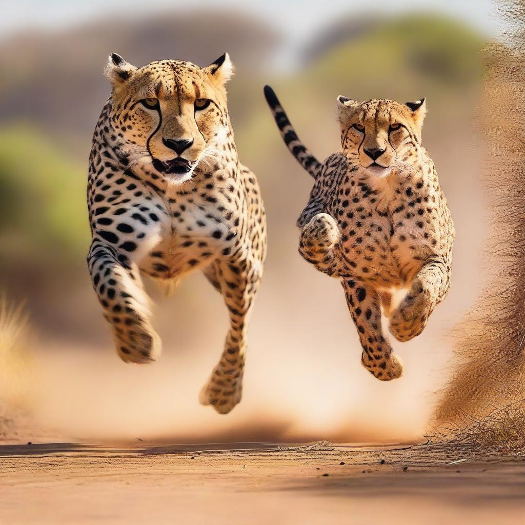 An exhilarating scene of a human and a cheetah both at full sprint, embodying the enthralling essence of speed and agility in nature