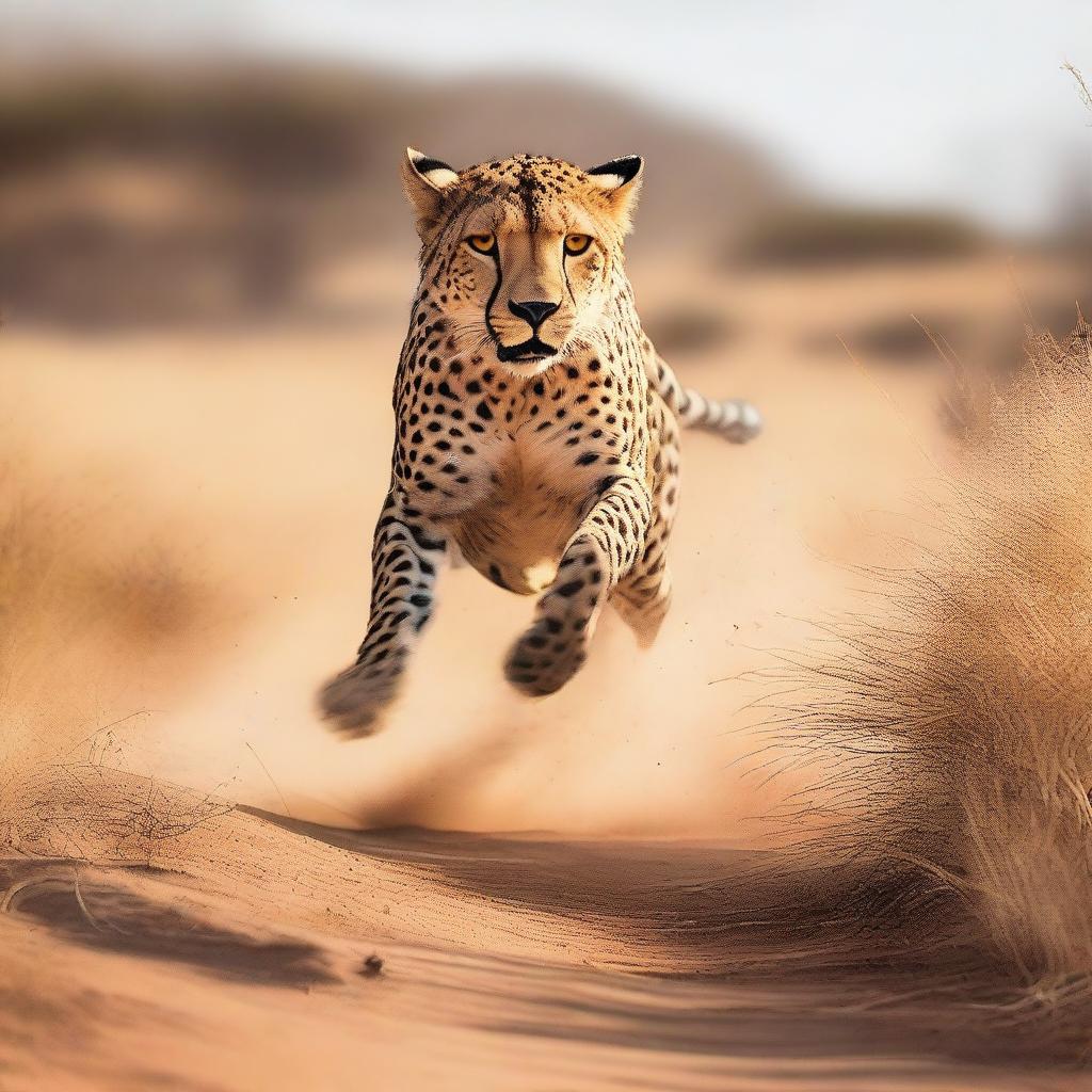 An exhilarating scene of a human and a cheetah both at full sprint, embodying the enthralling essence of speed and agility in nature