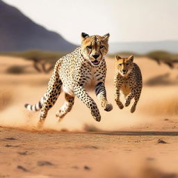 An exhilarating scene of a human and a cheetah both at full sprint, embodying the enthralling essence of speed and agility in nature