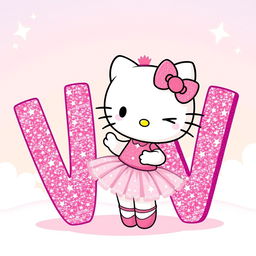 A delightful illustration of Hello Kitty dressed as a ballerina, winking playfully next to a big pink glittery letter 'V'