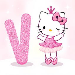 A delightful illustration of Hello Kitty dressed as a ballerina, winking playfully next to a big pink glittery letter 'V'