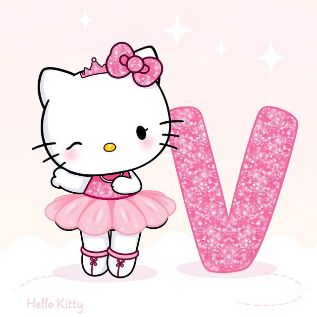 A delightful illustration of Hello Kitty dressed as a ballerina, winking playfully next to a big pink glittery letter 'V'