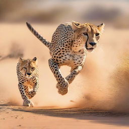 An exhilarating scene of a human and a cheetah both at full sprint, embodying the enthralling essence of speed and agility in nature