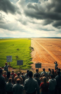 A dramatic depiction of a land dispute scene, showcasing two groups of people standing face to face at the edge of a vast open field, with a split landscape behind them - one side lush and green, the other dry and barren