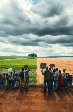 A dramatic depiction of a land dispute scene, showcasing two groups of people standing face to face at the edge of a vast open field, with a split landscape behind them - one side lush and green, the other dry and barren