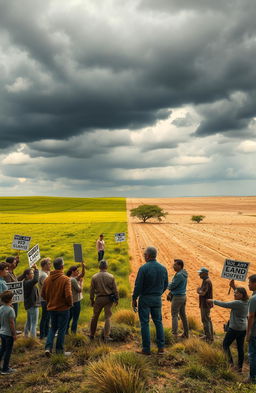 A dramatic depiction of a land dispute scene, showcasing two groups of people standing face to face at the edge of a vast open field, with a split landscape behind them - one side lush and green, the other dry and barren