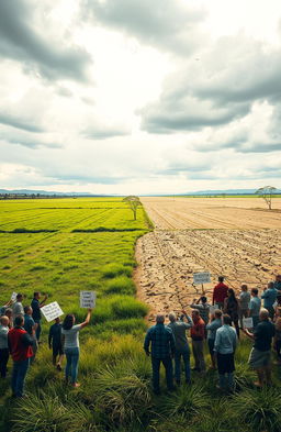 A dramatic depiction of a land dispute scene, showcasing two groups of people standing face to face at the edge of a vast open field, with a split landscape behind them - one side lush and green, the other dry and barren