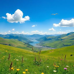 A serene landscape featuring a breathtaking view of rolling hills under a bright blue sky