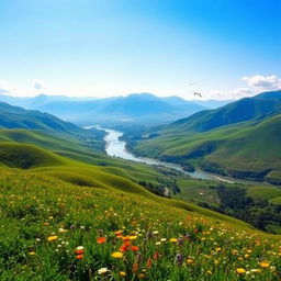 A serene landscape featuring a breathtaking view of rolling hills under a bright blue sky