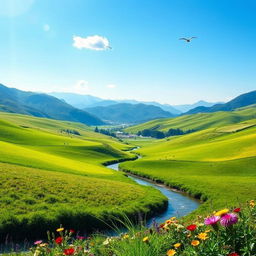 A serene landscape featuring a breathtaking view of rolling hills under a bright blue sky